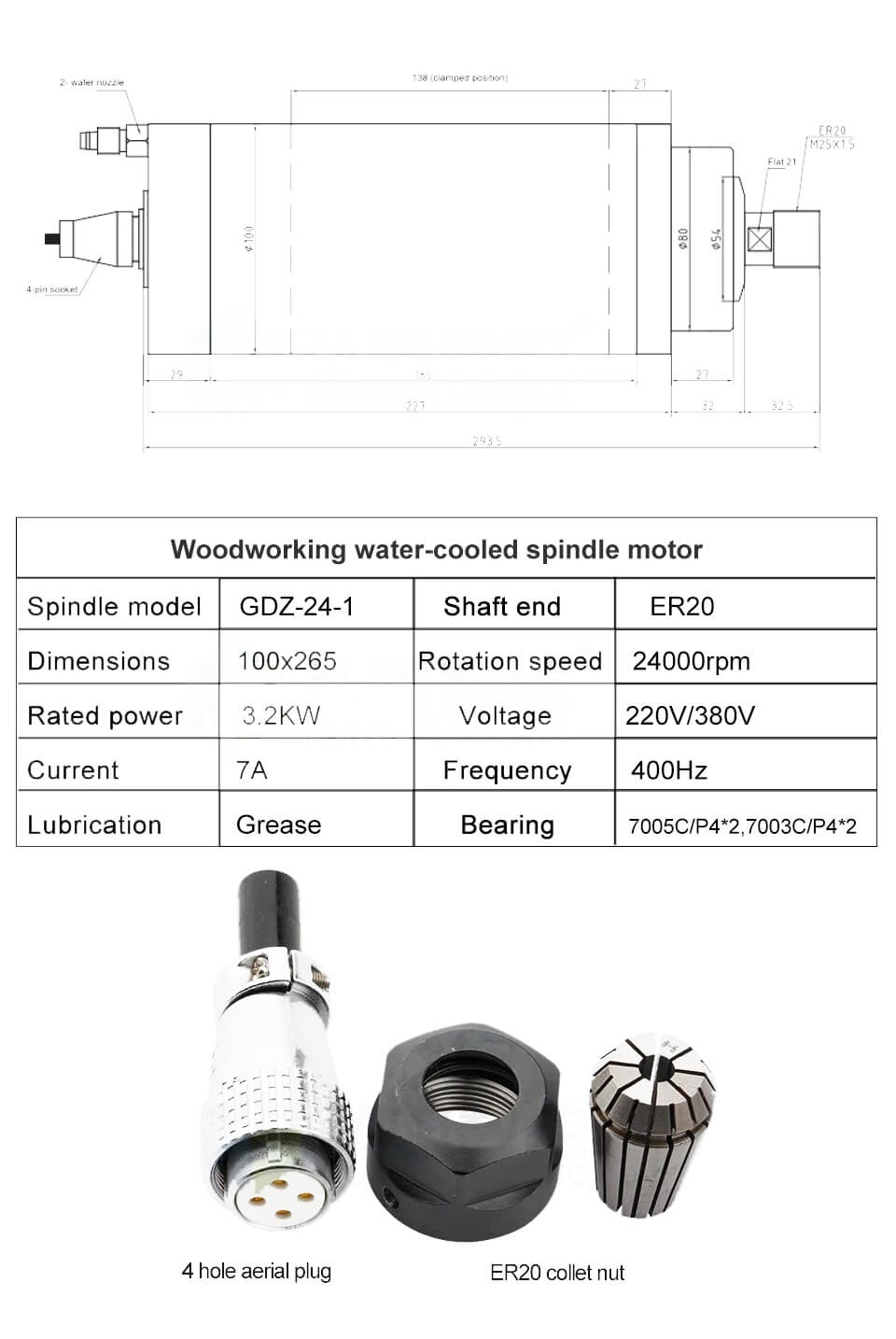 Cnc routera için 3.2kw su soğutmalı mil