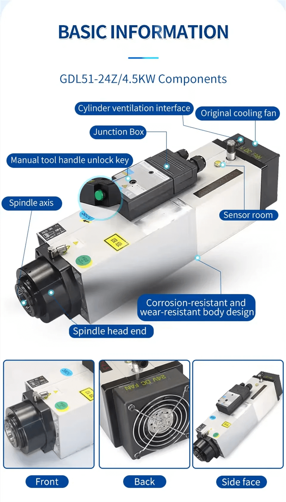 4.5kw ISO atc air cooled spindle motor