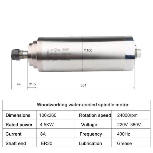 Moteur de broche CNC refroidi à l'eau de 4,5 kW