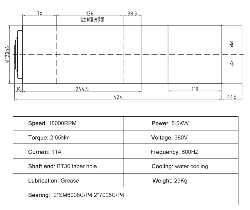 Moteur de broche ATC refroidi à l'eau BT30 de 5,5 kw