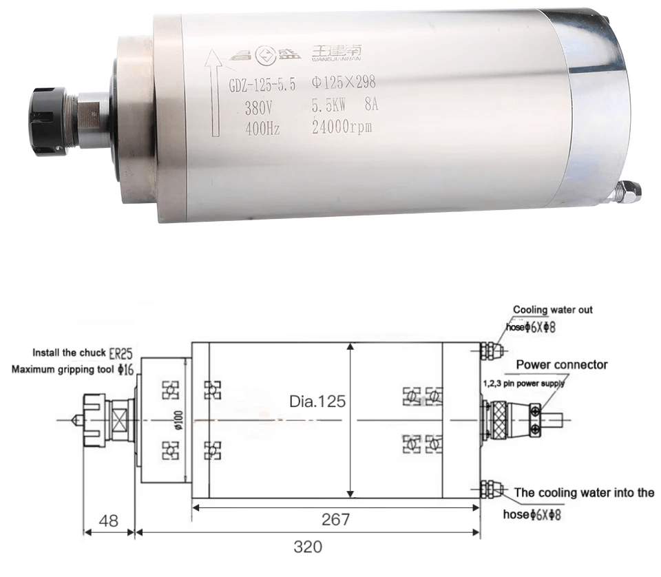 Moteur de broche refroidi à l'eau de 5,5 kW