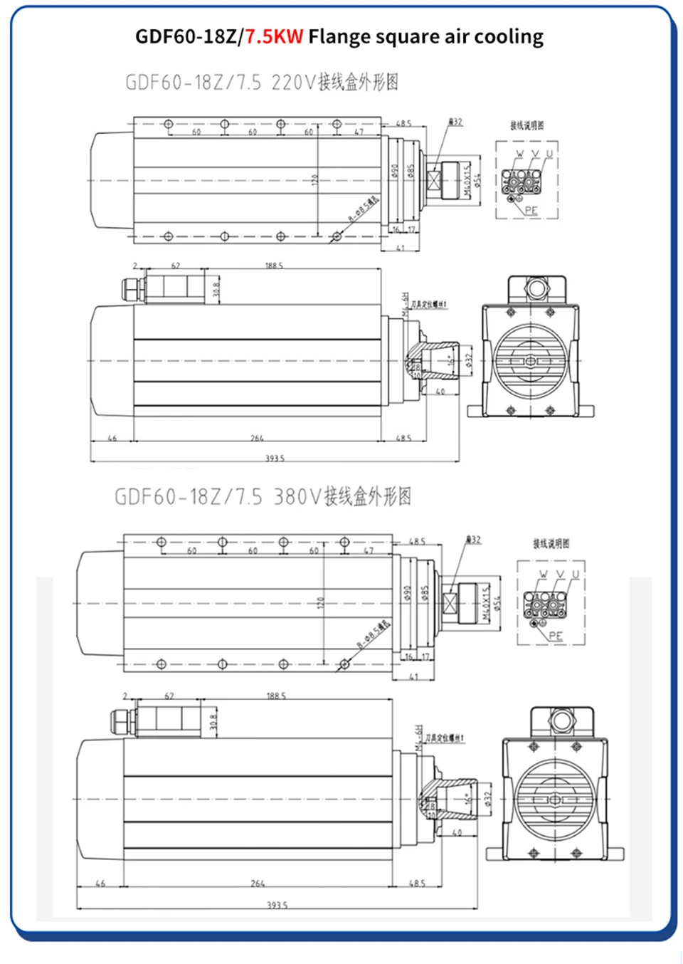 7.5kw air fan cooling cnc spindle motor